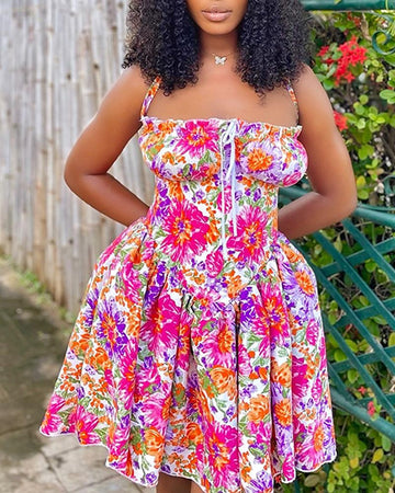 Floral Print Halter Waist Mini Dress Casual Ruched Drawstring Puffy Dress